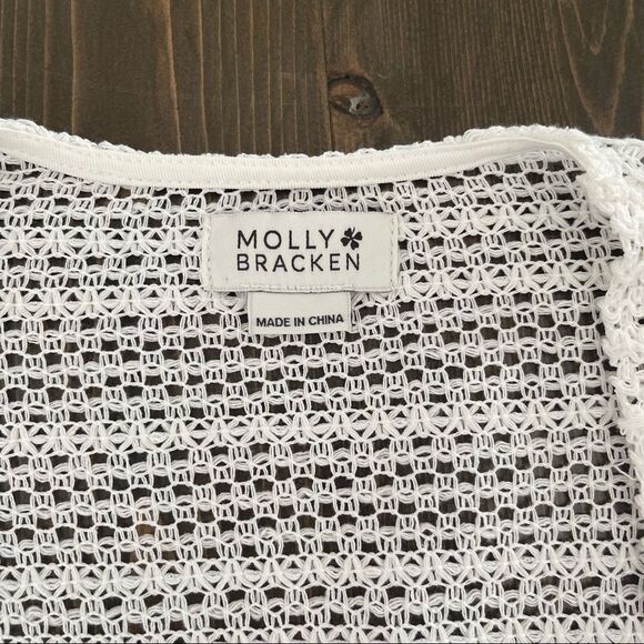 Molly Bracken White Cotton Crochet Fringed 3/4 Sleeve Open Cardigan - Picture 3 of 5